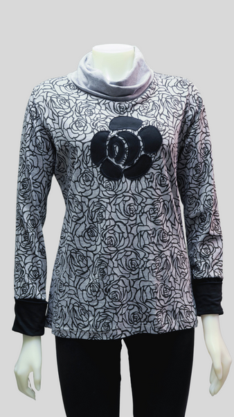 RJ-T1967-BK - Rose Print Roll Neck Top