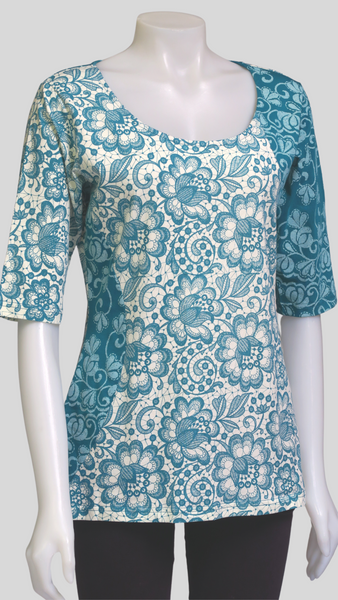 TT-T23311-PE Org. Cotton Sinker Printed 3/4 sleeve Top