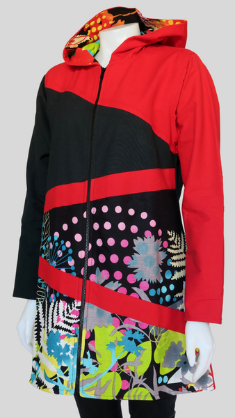 HI-J22275-RD Multi Flower Canvas Fleece Lined Hoody Jacket