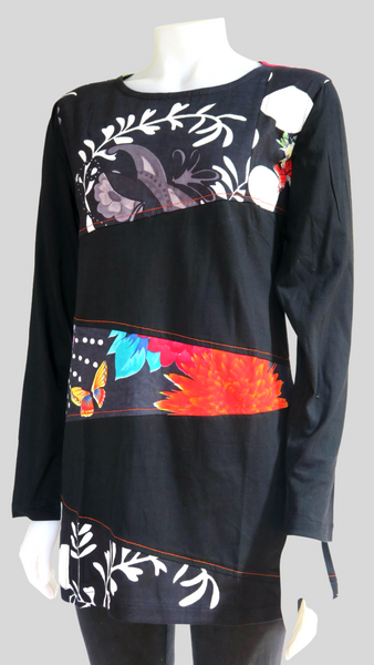 HI-T22845-BK Sinker Print Patch Long Sleeved Tunic