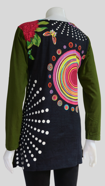 HI-T22845-GN Sinker Print Patch Long Sleeved Tunic