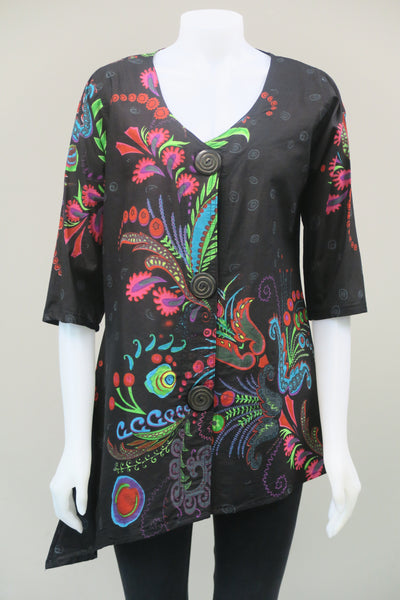 Bone Button Printed Cotton 3/4 Sleeve Top