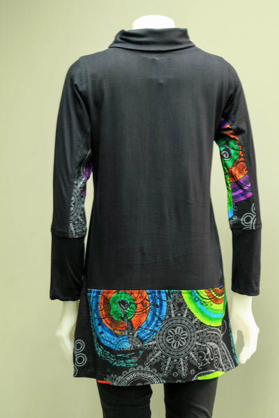 HI-T1983-BK - Roll Neck Printed Tunic