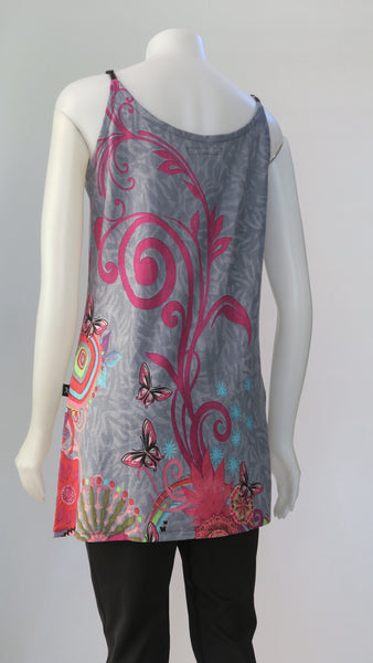 HI-T22133-BK Flower Print/ Striped Cotton  Tunic