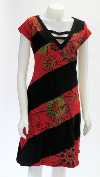 Printed Panel C/S V-Neck Dress