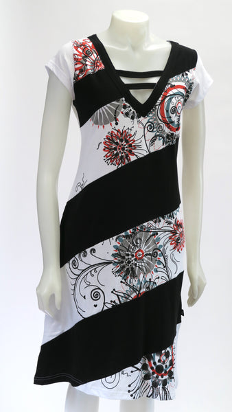 Printed Panel C/S V-Neck Dress