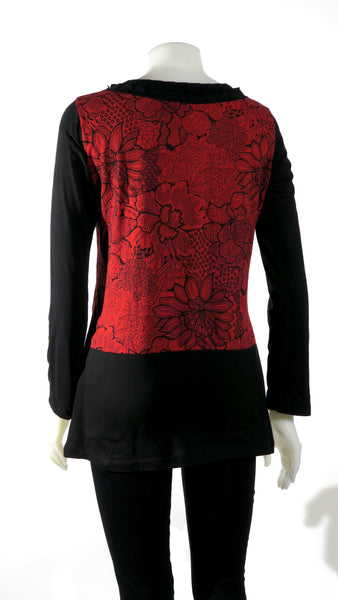 RJ-T21110-RD - Flower Print Overlay Tunic Top