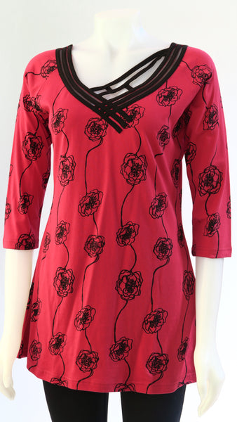 Organic Cotton Poppy Print V-neck 3/4 Sleeve Top